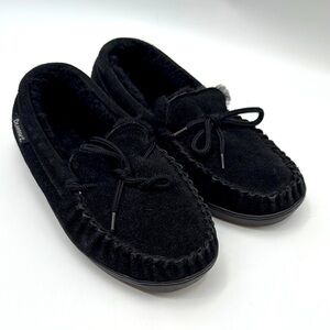 BearPaw Black Suede Moccasin Slippers 1295M-MOC II Sheepskin Size 9 Men